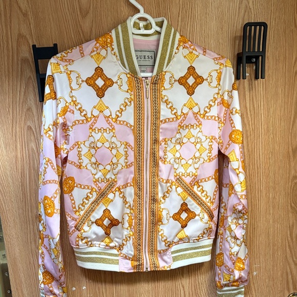 Guess Jackets & Blazers - GUESS Rae Women's Pink and Gold Chain Print Bomber Jacket